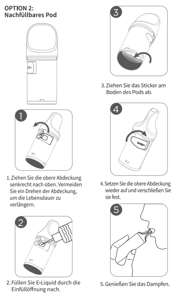 Nachfüllbaren Pod des Geek Bar Spark Device öffnen, mit E-Liquid befüllen, Sticker abziehen und verschließen, Abbildung aus der Original-Anleitung