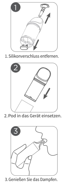 Vorgefüllten Pod vorbereiten, in das Geek Bar Spark Device einsetzen und dampfen, Abbildung aus der Original-Anleitung