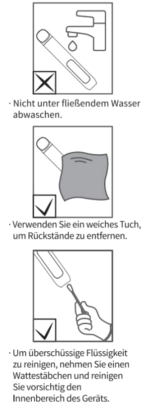Geek Bar Spark Device reinigen: nicht unter fließendem Wasser, weiches Tuch, Wattestäbchen, Abbildung aus der Original-Anleitung