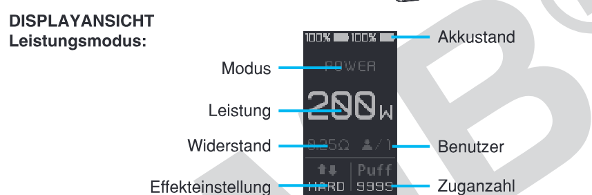 Display des Thelema Solo 100W im Leistungsmodus: Modus, Leistung, Widerstand, Benutzer und Zuganzahl