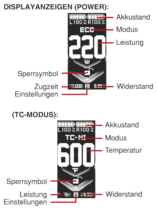 Display des Vaporesso Armour Octa Mod im Leistungs- und im Temperaturmodus mit Akkustand, Modus, Leistung bzw. Temperatur, Sperrsymbol, Widerstand und Einstellungen