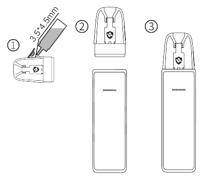 Silikonabdeckung an der Seite des Argus Multi-Ohm Pods öffnen, Liquid einfüllen und den Pod in den Akkuträger stecken — Abbildung aus der Original-Anleitung