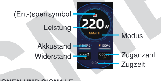 Display des Voopoo Vinci Spark 220 Mod — Anzeige von Leistung, Modus, Akkustand und Widerstand