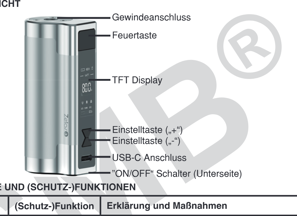 Produktübersicht: Aspire Zelos 3 Akkuträger — Aufbau und Bedienelemente