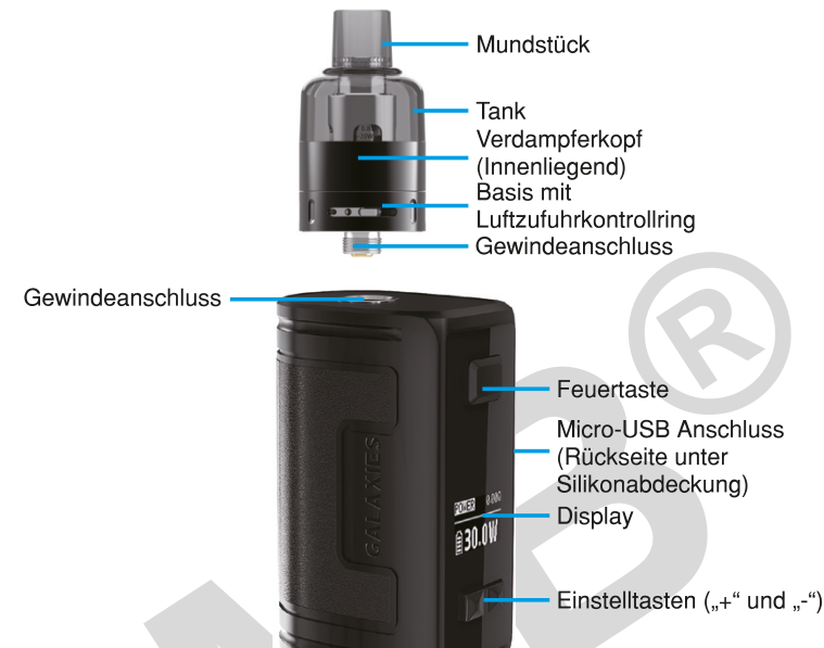 Produktübersicht: Vapefly Galaxies 30W Kit — Aufbau und Bedienelemente