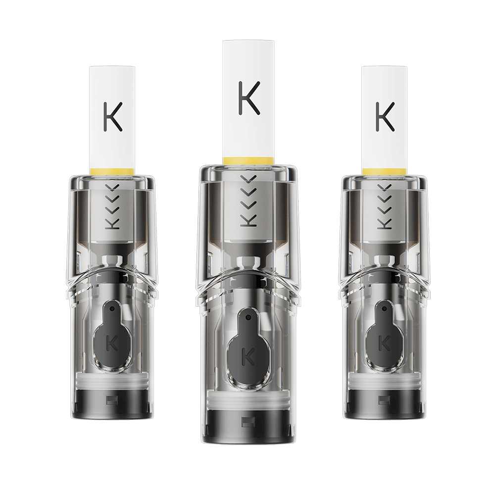 3 Kiwi Spark Pods 1,2 Ohm nebeneinander mit eingestecktem Baumwollfilter, Widerstand 1,2 Ohm.