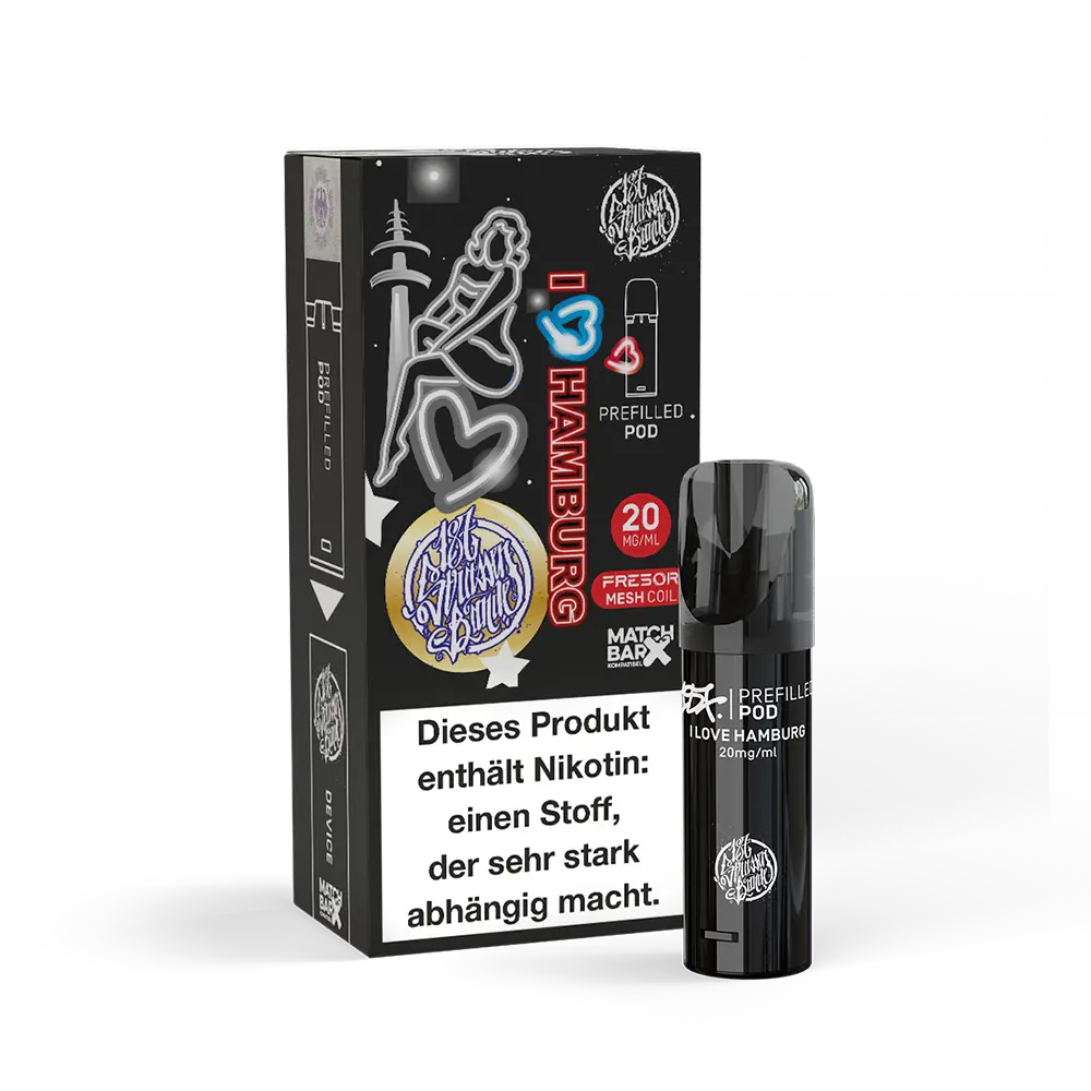 Verpackung und Pod der E-Shisha "187 Strassenbande - I Love Hamburg" mit 20mg Nikotinsalz, schwarzes Design mit Hamburg-Motiven, Warnhinweis zu Nikotin.