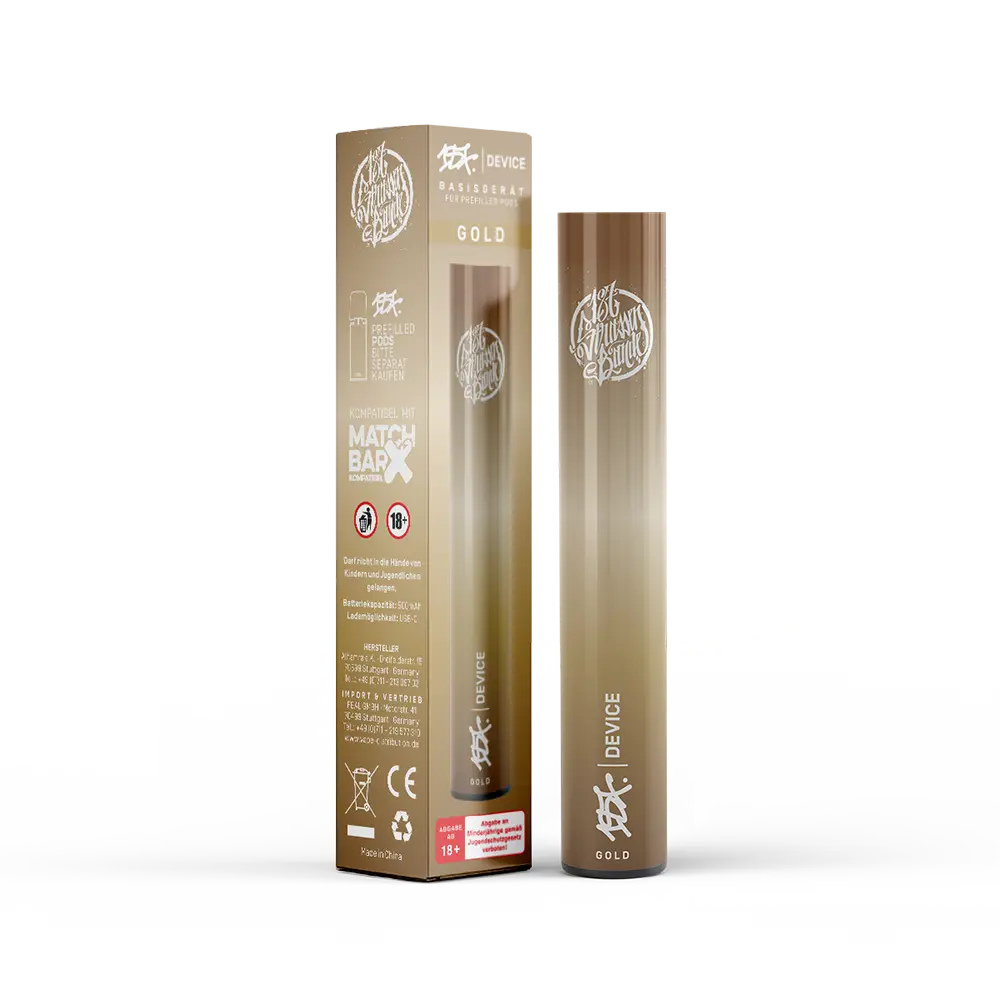 Verpackung und Gerät des 187 Strassenbande Geräts in Gold, mit Schriftzug und Logos auf der Verpackung. Kompatibel mit Match Bar X, Hinweise auf Alterseinschränkung 18+. Produkt auf weißem Hintergrund.