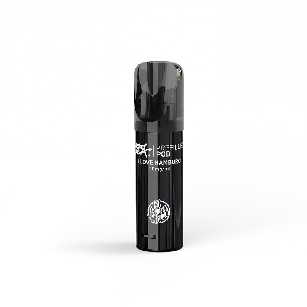 Schwarzer E-Shisha Pod mit der Aufschrift "187 Strassenbande", "I Love Hamburg" und "Prefilled Pod 20mg/ml".