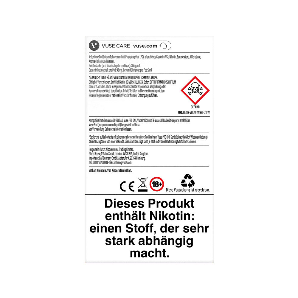 2x Vuse Pod Golden Tobacco Nic Salts 20mg