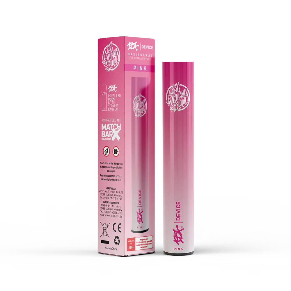 Elektronisches Gerät in Pink von 187 Strassenbande mit Verpackung. Aufschrift: Basisgerät für Prefilled Pods, kompatibel mit Match Bar. Altersbeschränkung 18+, Herstellungs- und Importinformationen sichtbar, Design im urbanen Stil.